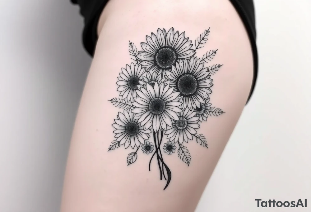 Bouquet of sunflowers, water Lillies, dahlias, marigolds, carnations, hydrangeas, daisys, and chrysanthemums tattoo idea