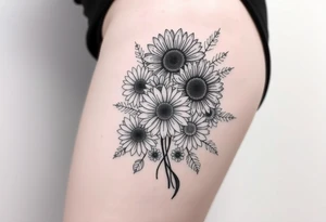 Bouquet of sunflowers, water Lillies, dahlias, marigolds, carnations, hydrangeas, daisys, and chrysanthemums tattoo idea