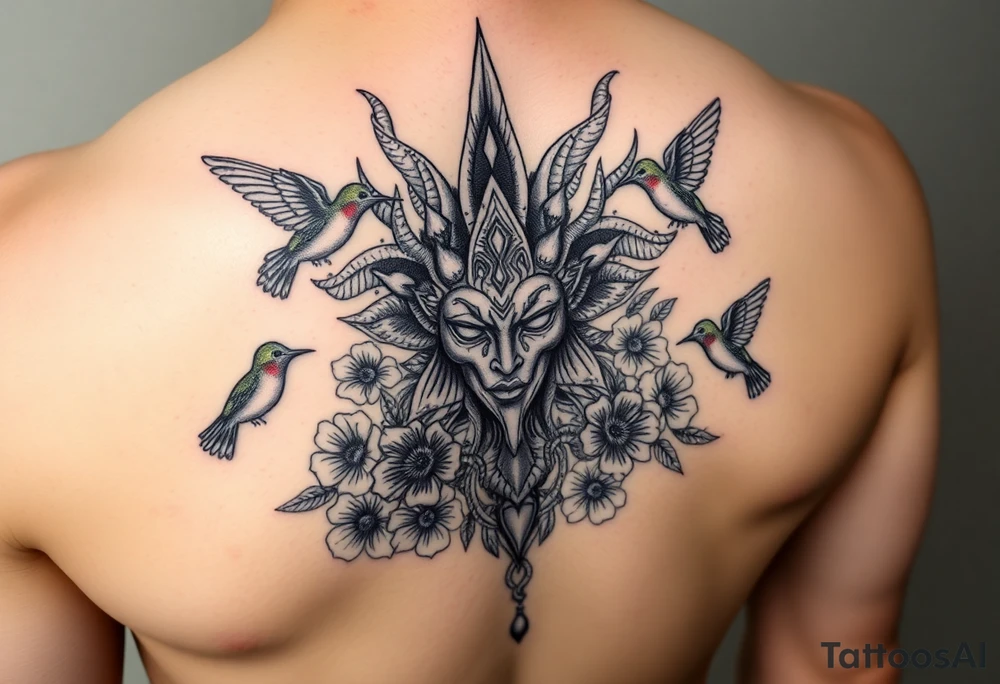 medusa head surrounded by hummingbirds and flowers tattoo idea