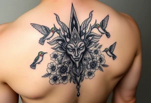 medusa head surrounded by hummingbirds and flowers tattoo idea