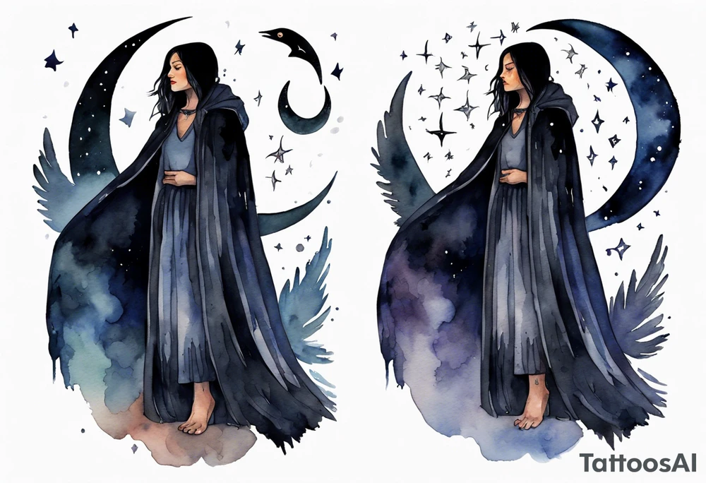 Watercolor of a Dakota woman with a black cloak, standing before the night sky with a crescent moon, a raven on her shoulder tattoo idea