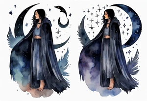 Watercolor of a Dakota woman with a black cloak, standing before the night sky with a crescent moon, a raven on her shoulder tattoo idea