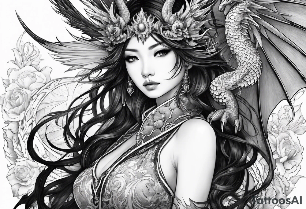 beautiful warrior nymph with wings and a dragon friend tattoo idea