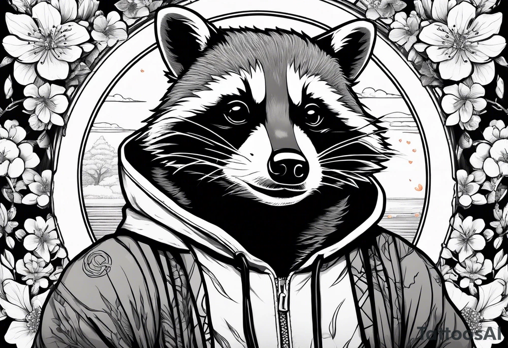 raccoon wearing a Superman hoodie with orange cherry blossoms tattoo idea