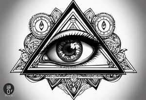 triangle tattoo with eye inside in arabic letters. Inside the iris create a clock tattoo idea