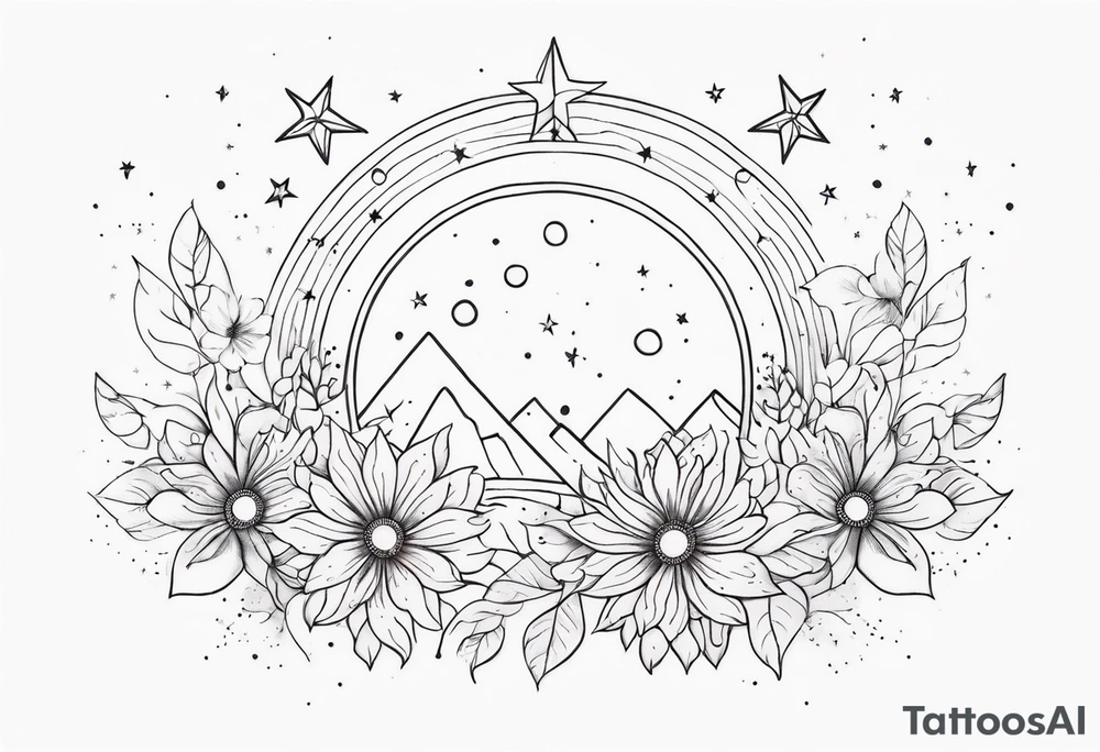 fine line with sun, stars, floral, dots. Sternum tattoo tattoo idea