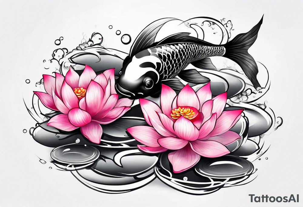 Two pink and black  Koi swimming between and lotus flowers tattoo idea