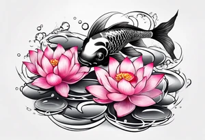 Two pink and black  Koi swimming between and lotus flowers tattoo idea