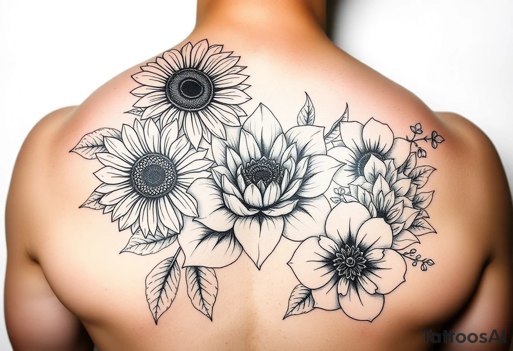 Sunflower, peony, cherry blossom, lotus, hydrangeas tattoo idea
