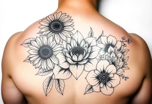 Sunflower, peony, cherry blossom, lotus, hydrangeas tattoo idea