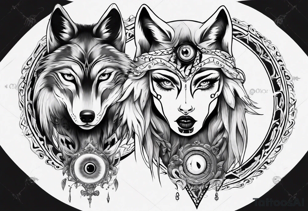 Wolf with woman eye tattoo idea