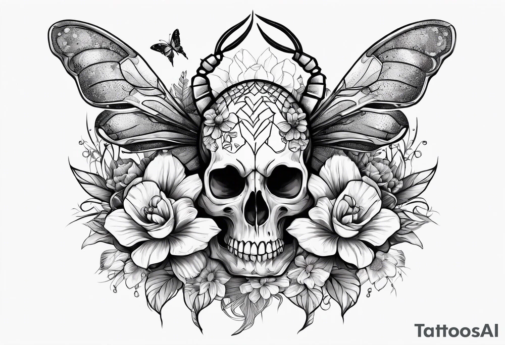 Large scorpion with a skull, flowers, and butterflies tattoo idea