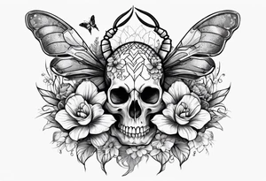 Large scorpion with a skull, flowers, and butterflies tattoo idea