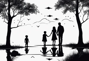 Silhouette of father standing in between daughter and younger son in front of water with reflection tattoo idea