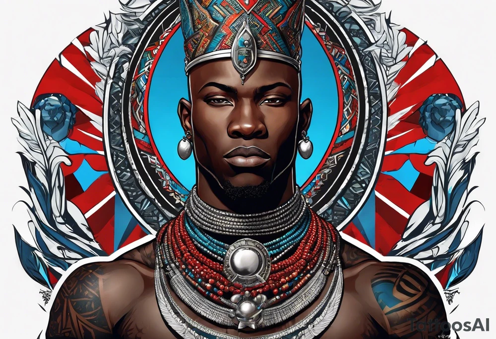 Black-skinned bald african warrior. He wears a simple and small silver crown. He uses two simple necklaces: one blue, other red. tattoo idea