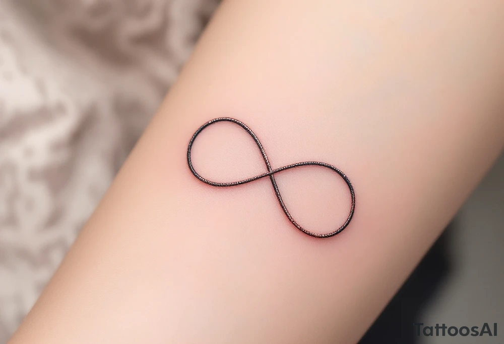 A simple gray infinity outline encircling a small rose-gold heart. tattoo idea