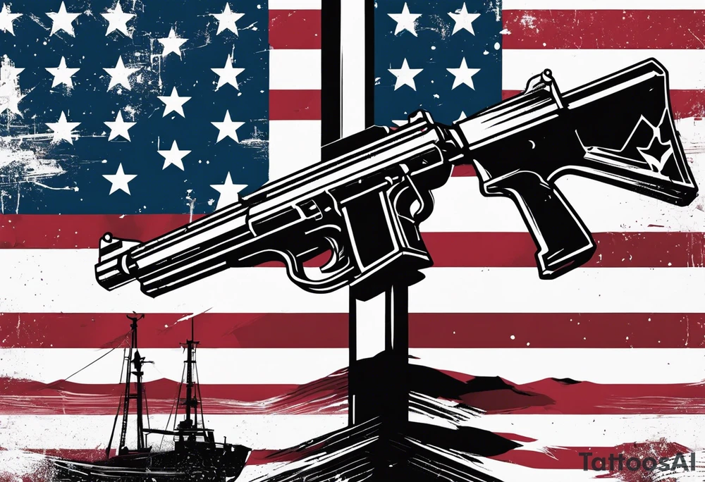 Distressed American flag behind cross with 2 guns leaned on it simple tattoo idea
