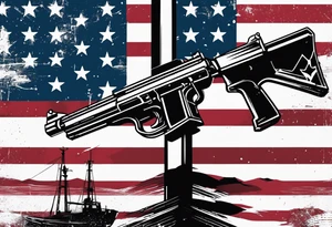 Distressed American flag behind cross with 2 guns leaned on it simple tattoo idea