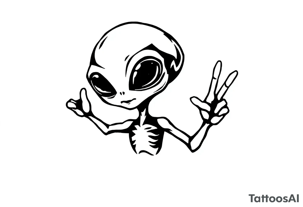 A silhouette stencil style drawing of a cute alien giving a peace sign tattoo idea