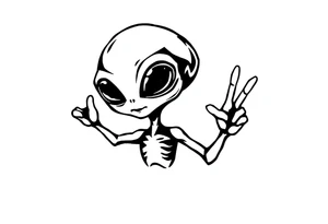 A silhouette stencil style drawing of a cute alien giving a peace sign tattoo idea