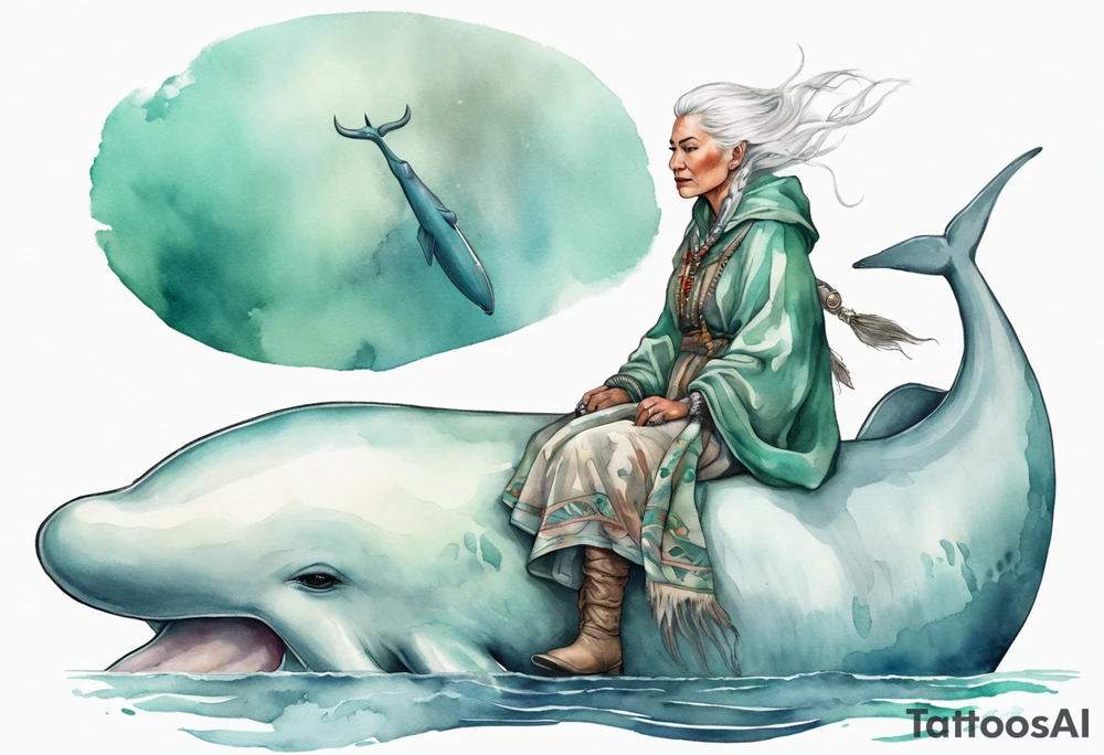 a 45-year-old Sami woman with white  hair wearing a white and mint cloak riding on the back of a realistic narwhal tattoo idea
