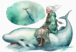 a 45-year-old Sami woman with white  hair wearing a white and mint cloak riding on the back of a realistic narwhal tattoo idea