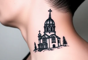 medium sized russian orthodox dome church with a visible virgin mary in a russian lakes country setting tattoo idea