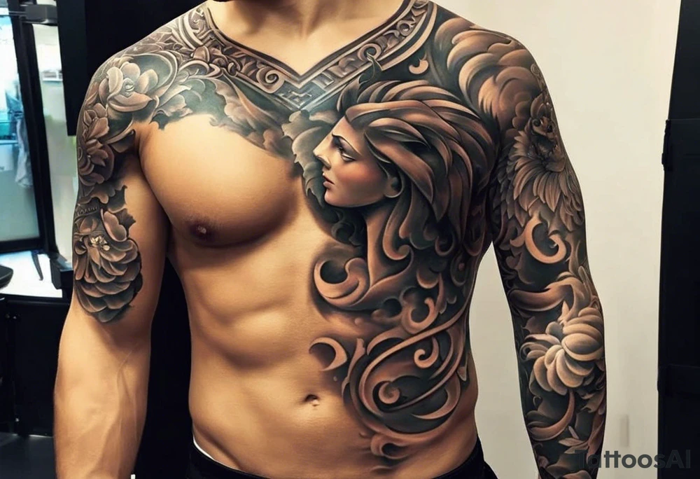 Im a businessman and I had a very long and hard time, chasing my dreams, not giving up, hard work, dedication, focus, heart broken, recovered, pushing hard, got broke and gained again. I like greek gods and I want a full sleeve tattoo exactly telling me the story of my life tattoo idea