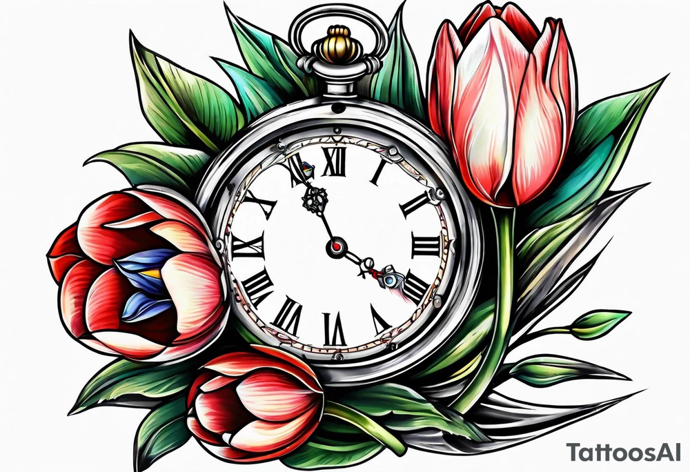 Pocket watch tulip arrow eyes tattoo idea