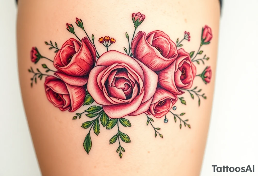 vintage bouquet of wild roses and meadow flowers with morning dew tattoo idea