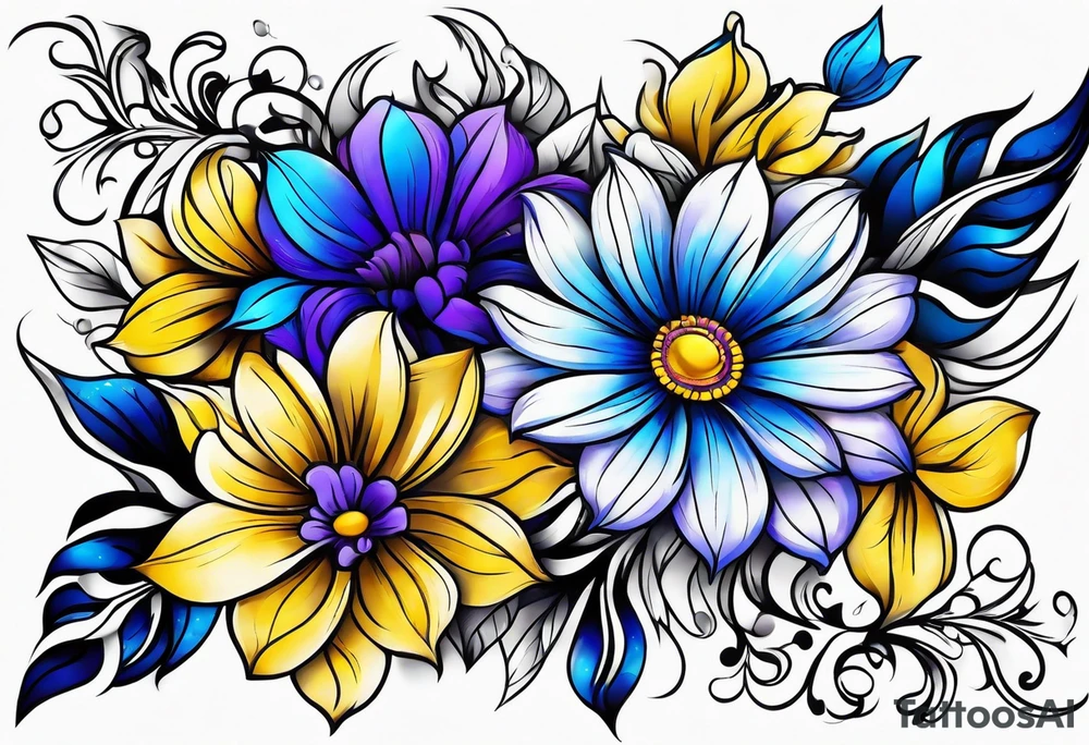 Blue yellow and purple flowers arm sleeve tattoo idea