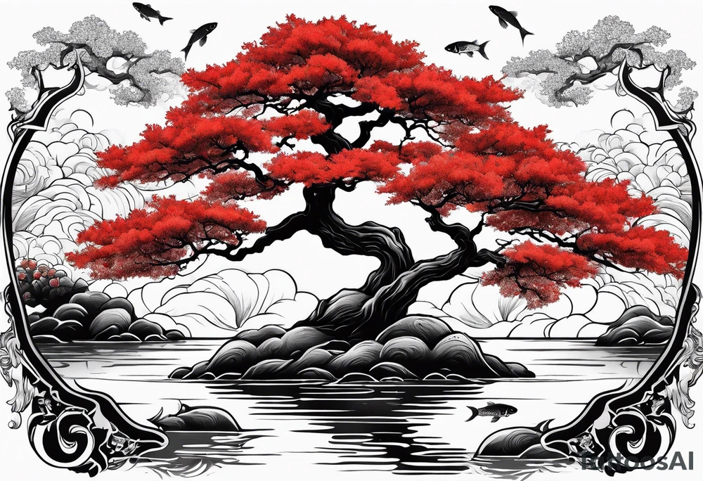 Red japanese oak tree next to a river with koi fish in the water tattoo idea