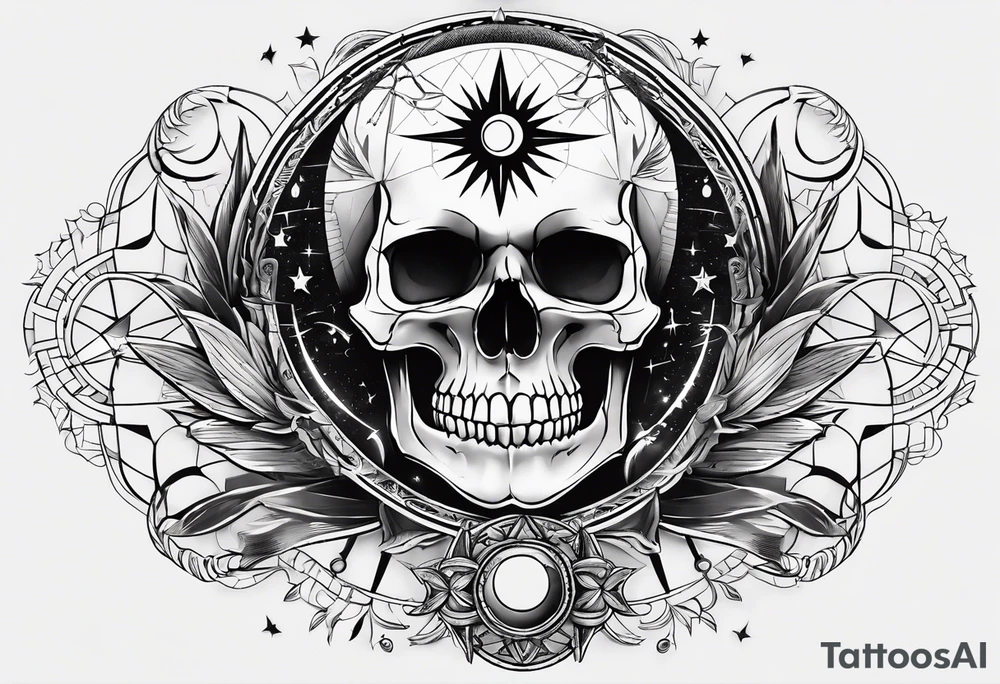 Simple Skull with third eye and dagger through it with the phases of the moon at the bottom tattoo idea