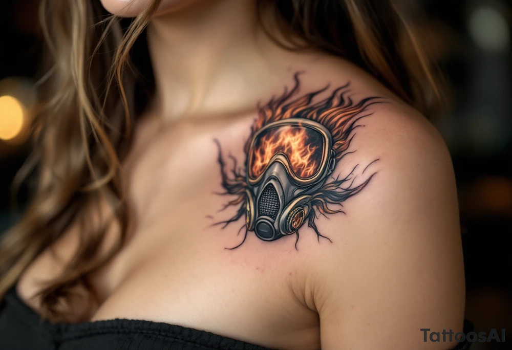 A detailed breathing mask with fire reflecting in the visor tattoo idea