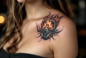 A detailed breathing mask with fire reflecting in the visor tattoo idea