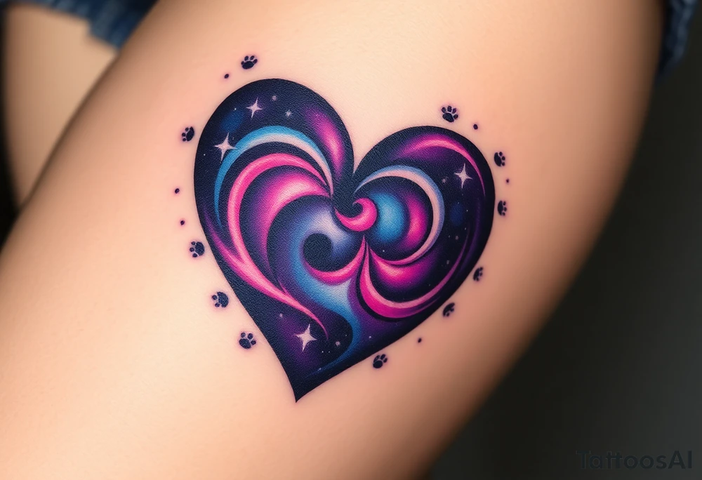 A galaxy-themed heart, filled with swirling deep purple, magenta, and navy blue, dotted with tiny white stars for a mesmerizing space feel and cat paw prints around whole heart tattoo idea