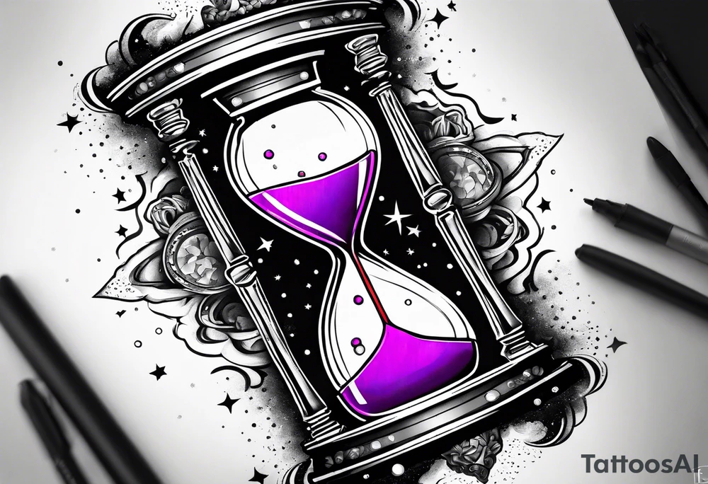 Hour glass with star stuff and cosmic dust exploding from each side. Long tattoo to fit on the forearm tattoo idea