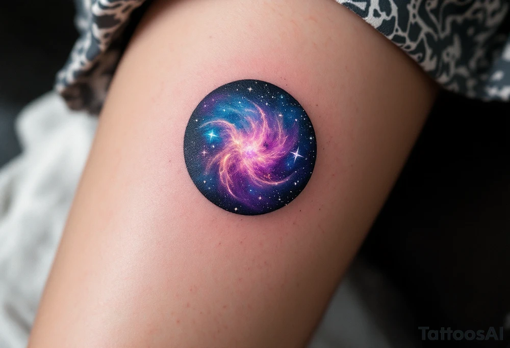 A small galaxy-filled circle in purple, indigo, and black, with specks of white stars. tattoo idea
