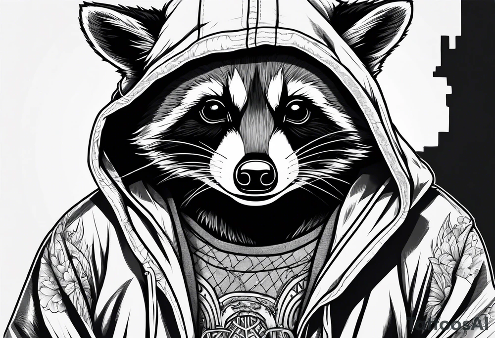 raccoon wearing a Superman hoodie tattoo idea