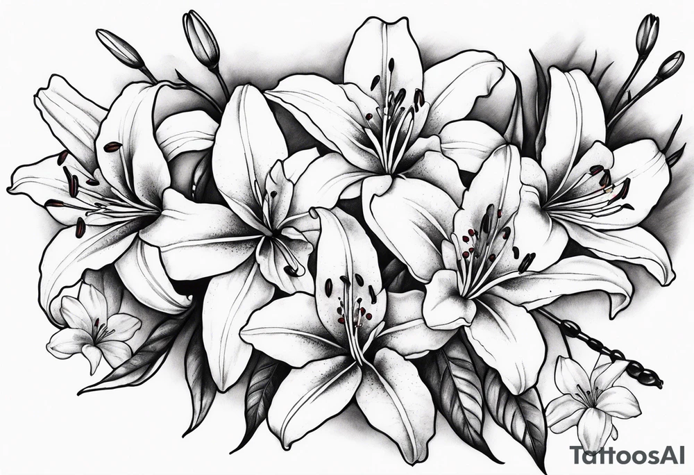 5 lilies and cherry blossom branch tattoo idea