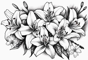 5 lilies and cherry blossom branch tattoo idea