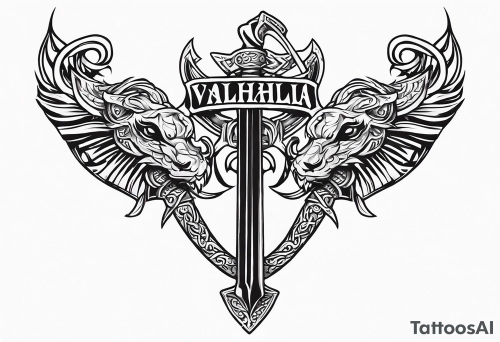 Valhalla sword dragon head axe viking church tattoo idea