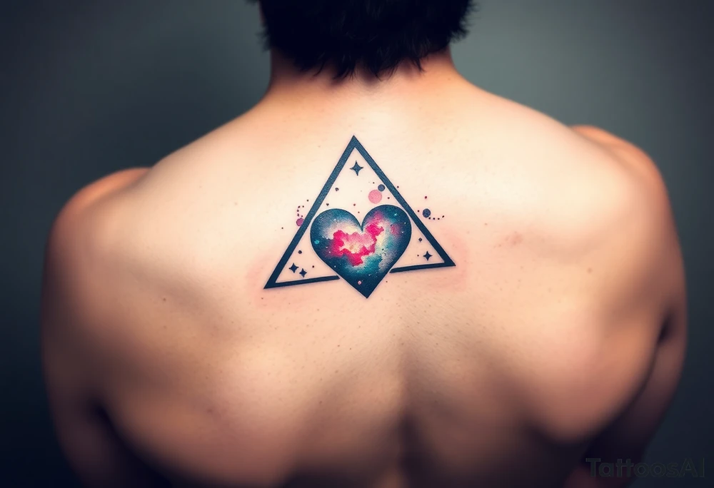 A single triangle with a heart in the center and  
galaxy inside the triangle tattoo idea