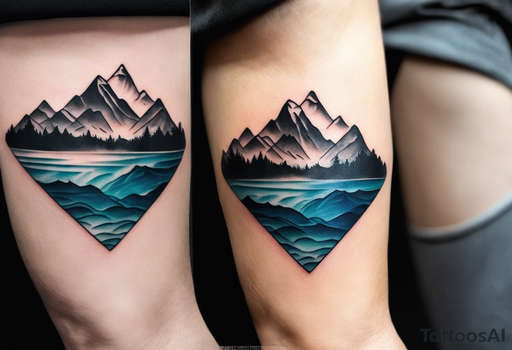 This is a minimalistic tattoo that is split into 2 sections; a top half and a bottom half. The top half is a mountain in Norway with a windy and curvy mountain bike trail winding down the mountain. The bottom half of the tattoo depicts an underwater scene featuring water, and sea life. There are no bikes or trees in the bottom half of the tattoo. tattoo idea