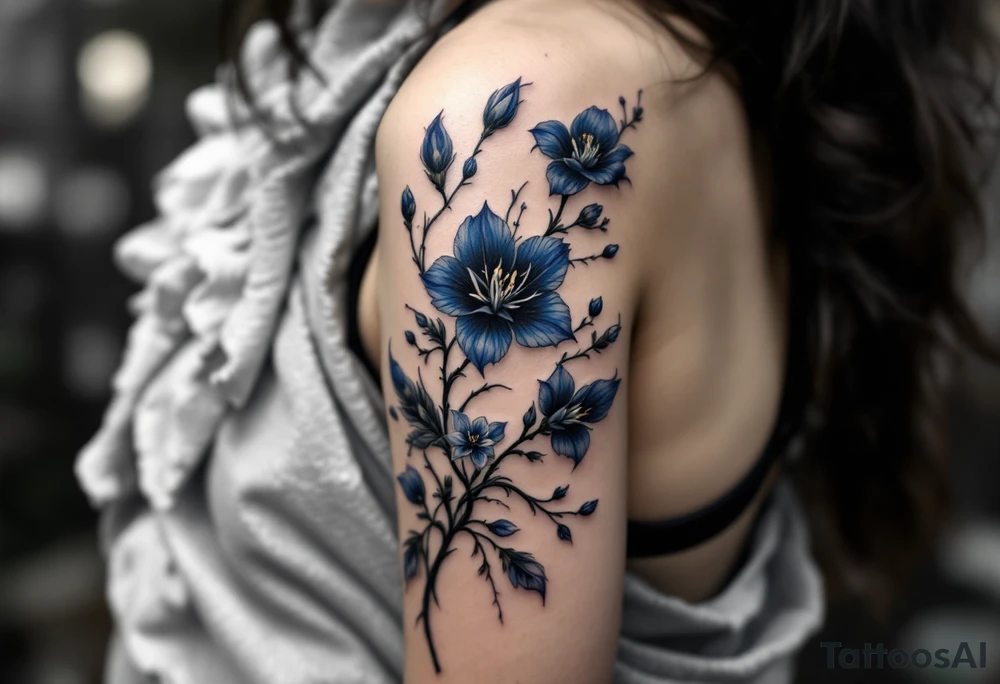 the flower blue spider lily from demon slayer and add cherry blossoms wrapped around upper arm tattoo idea