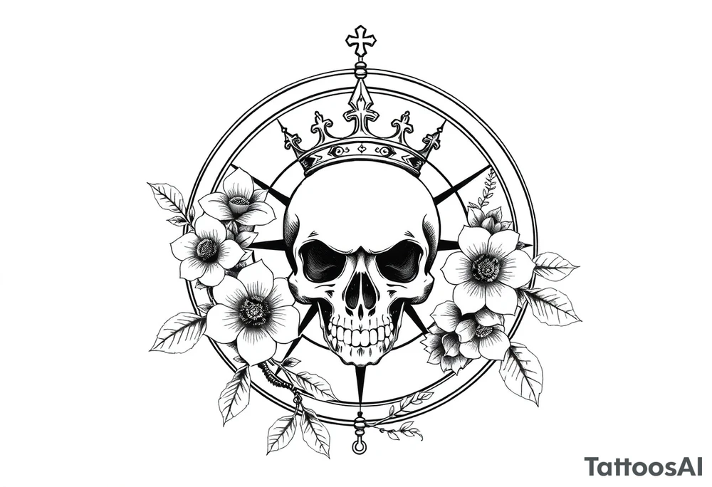 Compass with detailed beautiful gothic boho flowers on vine and skull with gorgeous crown tattoo idea