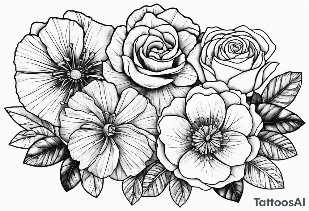 Flower heads of primrose carnation and rose together tattoo idea