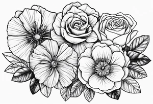 Flower heads of primrose carnation and rose together tattoo idea