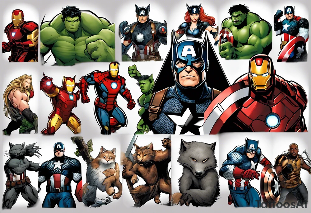 I want to change Avengers Team characters with animals. Hulk will be Badger, Thor will be Alpha Grey Wolf, Captain America will be Bull, Iron Man will be Canary, Black Widow will be Axolotl, Hawk Eye will be Sudan Plated Lizard and Nick Fury will be Cat. tattoo idea