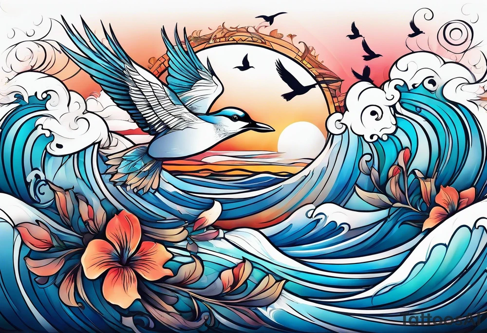 calm sea with birds tattoo idea